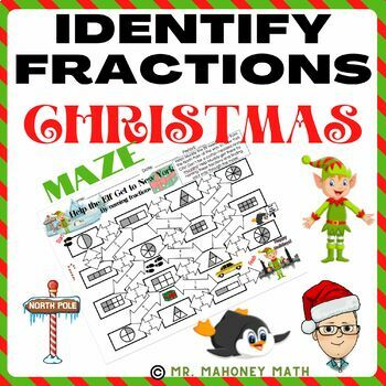 Preview of Identify Fractions Christmas/Holiday Maze with Fun Elf Theme - 3.NF.1