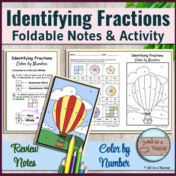 Preview of Identify Fractions Foldable Notes & Hot Air Balloon Color by Number Activity