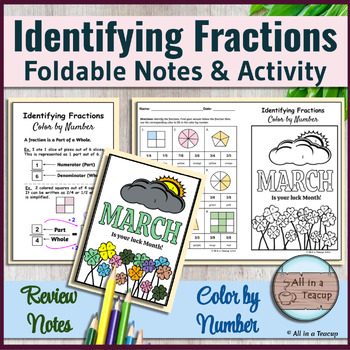 Preview of Identify Fractions Foldable Notes & St-Patrick's Day Color by Number Activity
