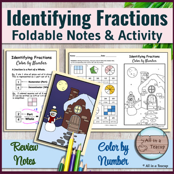 Preview of Identify Fractions Foldable Notes & Winter Color by Number Activity