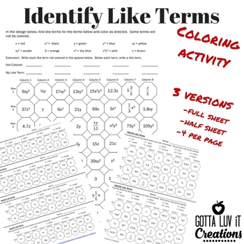Preview of Identify Like Terms Coloring Page