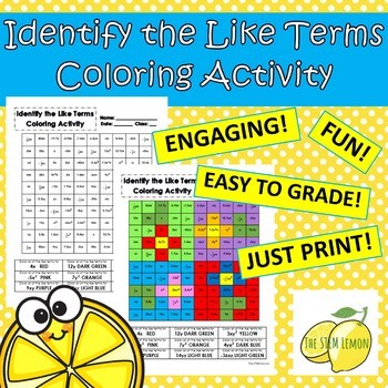 Preview of Identify Like Terms Fun Coloring Activity - Combining Like Terms Introduction
