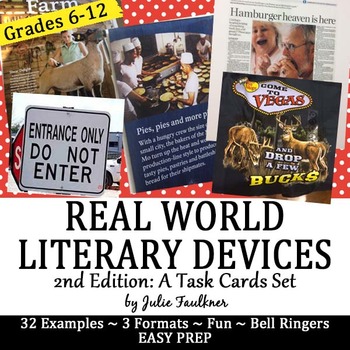 Preview of Literary Terms from Real World Examples, Bell Ringers, Task Cards, 2nd Edition