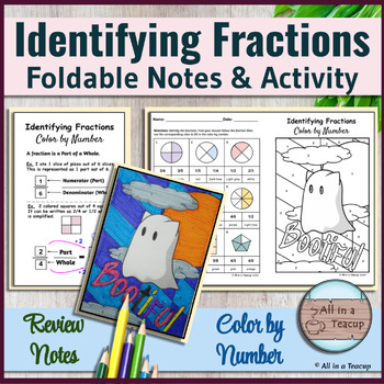 Preview of Identify Simplify Fractions Foldable Notes & Ghost Color by Number Activity