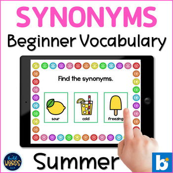 Preview of Synonyms with Pictures Beginner Level Vocabulary Summer Theme BOOM ™ Cards