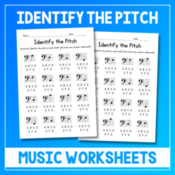 Preview of Identify The Pitch Music Worksheets - Note Reading Practice Sheets - Bass Clef