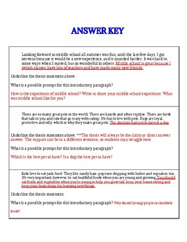 middle school thesis statement worksheet