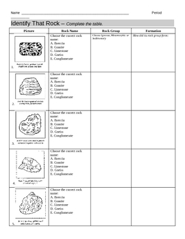 Preview of Identify Types of Rocks Worksheet