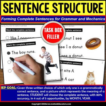 Preview of Identify a Complete Sentence Task Box Filler with Visual Cues for Autism