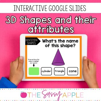 Preview of Identifying 3D Shapes & Attributes 32 Interactive Task Cards Google Slides