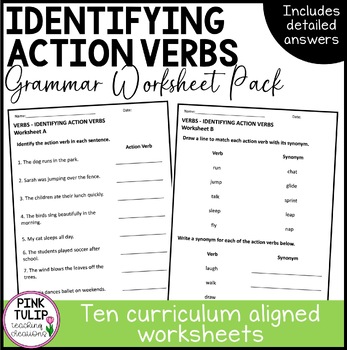 Preview of Identifying Action Verbs - Grammar Worksheet Pack