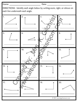 Preview of Identifying Acute Obtuse and Right Angles Activity Worksheet Page