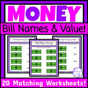 Preview of Identifying Dollar Bills Money Matching Worksheets Special Education Math Money