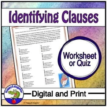 Preview of Identifying Clauses Grammar Worksheet with Easel Activity