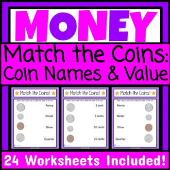 Preview of Identifying Coin Names and Value Matching Money Worksheets Coin Identification