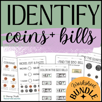 Preview of Identifying Coins, Bills & Amounts | Money Math | Life Skills | WORKSHEET BUNDLE