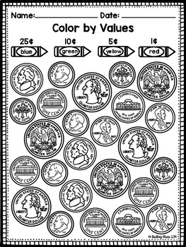 Identifying Coins and Values Coloring Worksheets by Brittney Marie