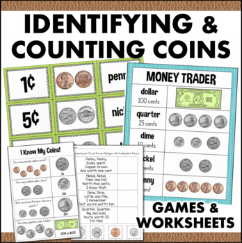 Preview of Identifying Coins and Value Worksheet Chart Money Poem Race to a Dollar Game