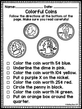 Download Identifying Coins and Values Coloring Activity by Brittney Marie