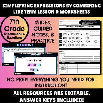 Preview of Identifying & Combining Like Terms Lesson & Worksheets Bundle: Slides, Notes, HW