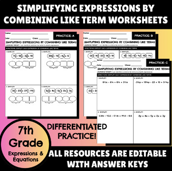 Preview of Identifying & Combining Like Terms to Worksheets: 3 Levels Differentiated