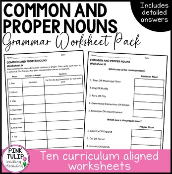 Preview of Identifying Common and Proper Nouns - Grammar Worksheet Pack