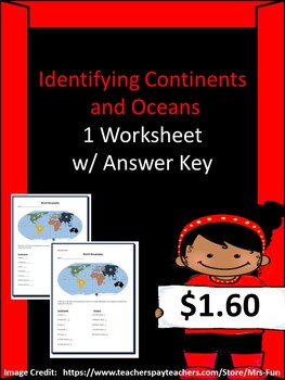 Preview of Identifying Continents & Oceans Worksheet w/ Answer Key