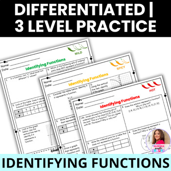 Preview of Identifying Functions Differentiated Practice 3 Levels Algebra 1 Quiz Worksheets