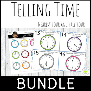 Preview of Telling Time to the Nearest Hour and Half Hour Worksheet and Task Card Bundle