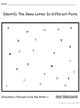 Preview of Identifying Letters With Different Fonts - Set 4: Lowercase letters v-z