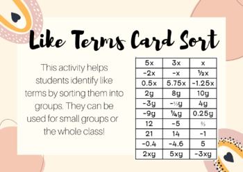 Preview of Identifying Like Terms Card Sort