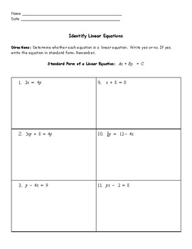 Identifying Linear Equations Worksheet by jennifer salerno | TPT