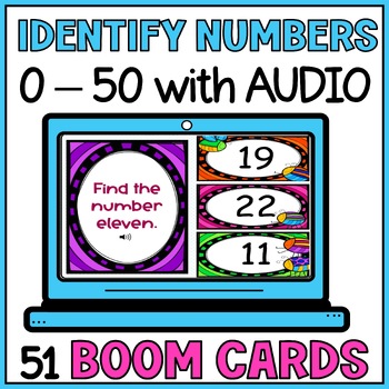 Preview of Identifying Numbers 0-50 Boom Cards with Audio - Receptive Number Identification