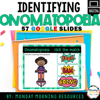 Preview of Identifying Onomatopoeia Figurative Language Google Slides Activity