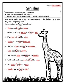 simile worksheet for class 6