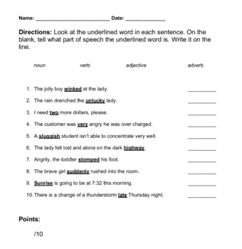 worksheet 9 reviewing the parts of speech