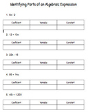 parts of algebraic expressions worksheets teaching resources tpt