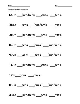 Preview of Identifying Place Value, Ones, Tens and Hundreds