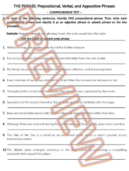 Preview of Identifying Prepositional, Appositive, and Verbal Phrases Assessments. HS G.Docs