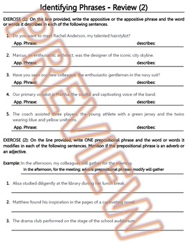 Preview of Identifying Prepositional, Appositive, and Verbal Phrases Reviews. HS ELA G.Docs