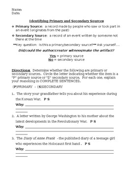 Preview of Identifying Primary and Secondary Sources worksheet(editable& fillable resource)