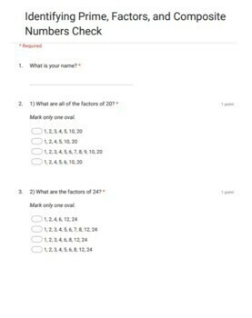 Preview of Identifying Prime Numbers, Factors and Composite Numbers Google Form Quiz