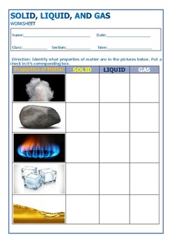 Preview of Identifying Properties of Matter (Solid, Liquid, Gas) Activity Worksheet