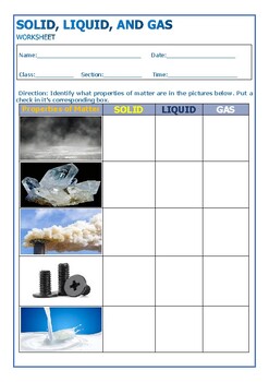 Preview of Identifying Properties of Matter (Solid, Liquid, Gas) Activity Worksheet #2