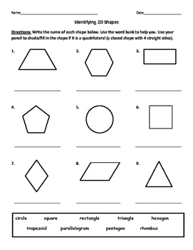Preview of Identifying Quadrilaterals/Quadrangles and Naming 2D Shapes Worksheet