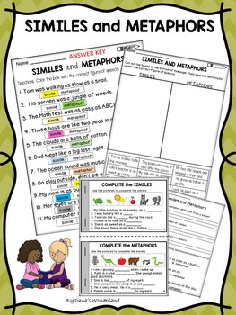 Preview of Similes and Metaphors Worksheets and Workbook for 3rd, 4th, and 5th Grade