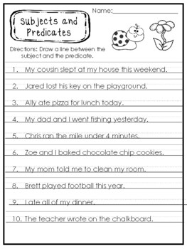 Identifying Subject, Predicates, and Verbs in a Sentence Worksheets.