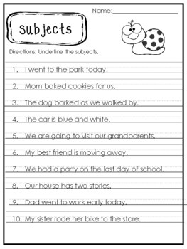 Preview of Identifying Subject, Predicates, and Verbs in a Sentence Worksheets.