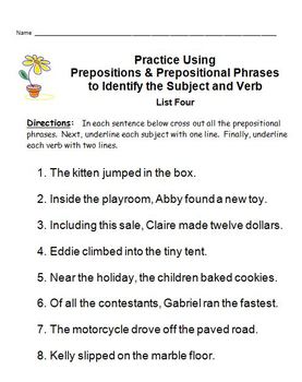 identifying subjects phrases verbs prepositions prepositional verb subject using easy prep grammar worksheets grade preposition identify mastery practice identification printables