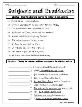 Preview of Subjects and Predicates Extra Practice Worksheets